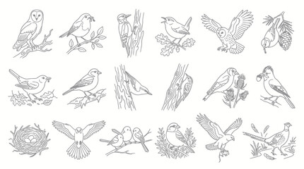 Fototapeta premium Black and White Line Art Birds Set, Outline Wild Animal Species, Nature, Wildlife and Ornithology Illustrations