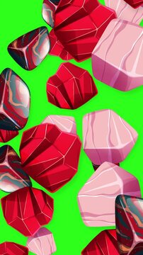 Falling Mixed Geometric Objects and Marbled Stones on Green Background