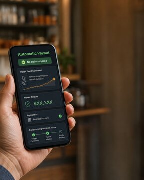 Hand holding smartphone displaying automatic parametric insurance payout confirmation for climate business interruption