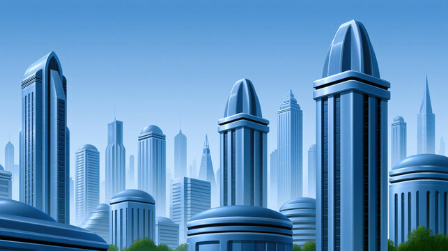 Ultra wide panoramic view futuristic blue metropolis skyline with domed skyscraper, glass tower, clear sky, and green park creating clean architectural scene