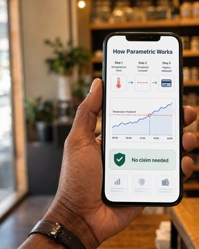 Hand holding smartphone explaining parametric insurance workflow with automatic payout trigger graph