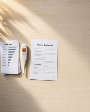 Parametric climate insurance payout confirmation paper with digital thermometer and sales loss report on desk