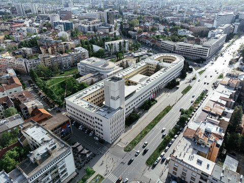 Aerial view of Novi Sad city center with Banovina government building in Serbia. g.
