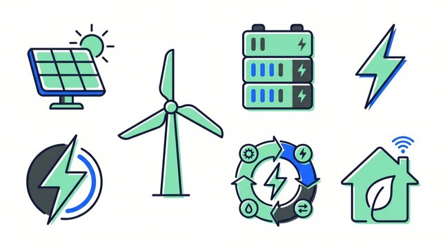 off grid microgrid solution resources efficiency concept. Energy and sustainability icons including solar, wind, battery, and eco home.