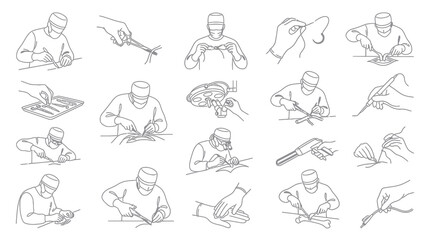 Fototapeta premium Medical Surgery Line Art Icons: Surgeon Operating, Instruments, Procedure Steps