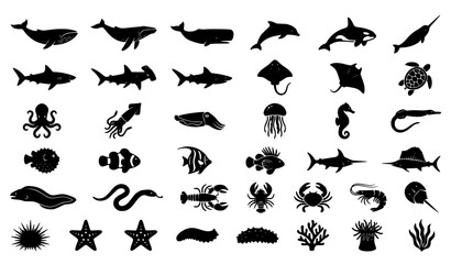 Underwater Marine Wildlife Mega Silhouette Icon Collection © Tanjimul