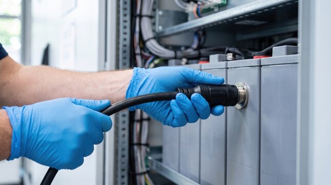off grid microgrid solution resources efficiency concept. Technician wearing gloves plugging a cable into a server or data center equipment.