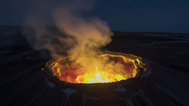 Fiery Crater at Night with Bright Lava and Volcanic Smoke