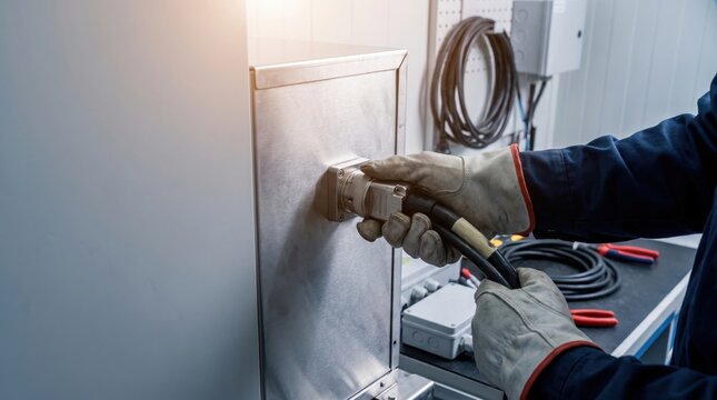 off grid microgrid solution resources efficiency concept. Worker using welding machine with protective gloves in industrial setting