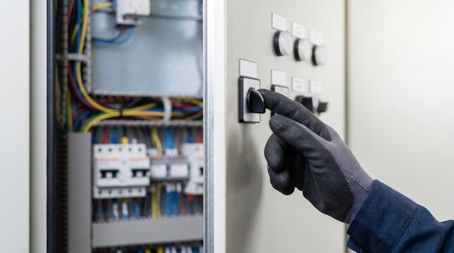 off grid microgrid solution resources efficiency concept. Hand wearing glove flipping switch near electrical panel with wires.
