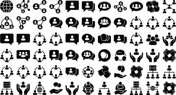 Set of black social network and communication icons featuring teamwork, connection, and business networking symbols.