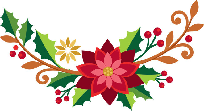 christmas poinsettia floral garland holiday winter botanical swag holly berries border festive greeting card invitation apparel tshirt design screen printing embroidery patch sticker print artwork
