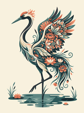 japanese crane heron bird floral lotus pond oriental folk art wings spread standing water apparel streetwear tshirt design screen printing embroidery patch tattoo sticker graphic print artwork
