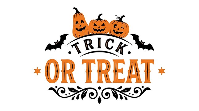 Festive halloween design with carved pumpkins and a classic trick or treat message