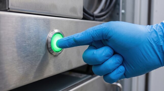 off grid microgrid solution resources efficiency concept. Hand in blue glove pressing a green illuminated button on stainless steel equipment.