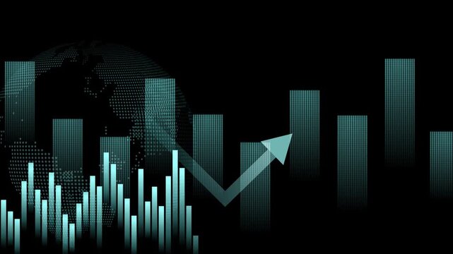 Monochrome financial growth chart with rising arrow animation, Financial chart with rising arrow and vertical bar graphs globe silhouette behind dots
