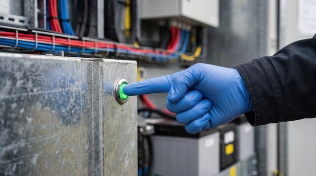 off grid microgrid solution resources efficiency concept. Technician wearing blue gloves pressing a button on industrial electrical equipment.