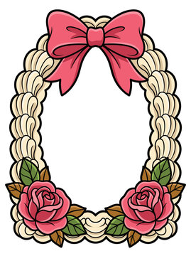 vintage coquette pink bow ribbon oval frame piped cream frosting roses floral border retro tattoo apparel tshirt design screen printing embroidery patch sticker decal graphic print artwork
