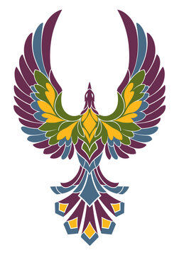 mythical rising phoenix firebird spread wings plumage flight symmetry sacred bird apparel streetwear tshirt design screen printing embroidery patch sublimation tattoo sticker graphic print artwork
