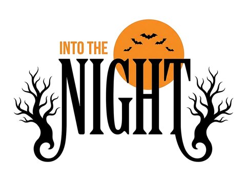 Into the night halloween graphic with spooky trees and orange moon design