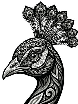 monochrome peacock head portrait ornate linocut feather crest engraved bird exotic wildlife apparel streetwear tshirt design screen printing embroidery patch tattoo sticker graphic print artwork
