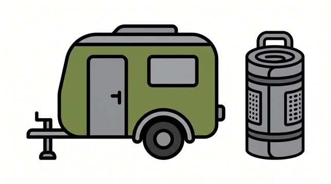 off grid microgrid solution resources efficiency concept. Green camper trailer and portable gas cylinder illustration