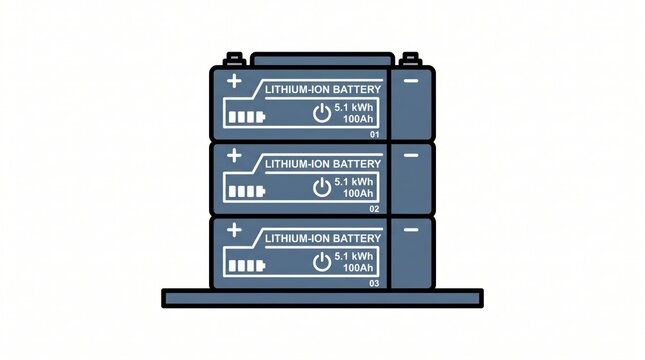 off grid microgrid solution resources efficiency concept. Stacked lithium-ion batteries on a platform with power and capacity indicators.