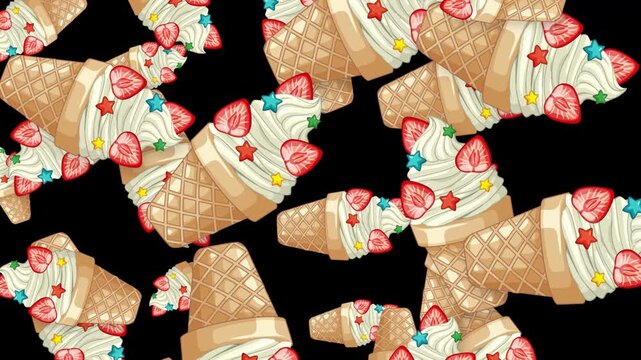 Falling Ice Cream Cones with Strawberries and Stars on Black Background