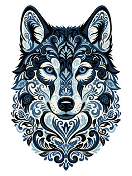 ornate blue wolf head portrait baroque filigree foliage swirls symmetrical wildlife beast apparel streetwear tshirt design screen printing embroidery patch tattoo sticker graphic print artwork

