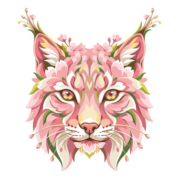 pastel pink floral lynx head portrait cherry blossom flowers spring botanical cute bobcat wildcat apparel tshirt design screen printing embroidery patch sticker decal graphic print artwork

