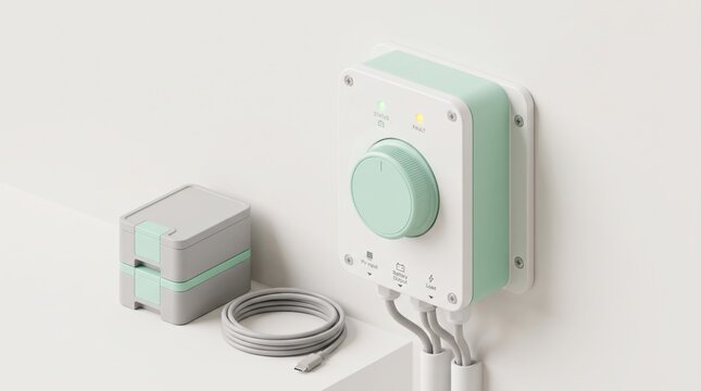 off grid microgrid solution resources efficiency concept. Wall-mounted white and mint green smart thermostat with connected wiring.