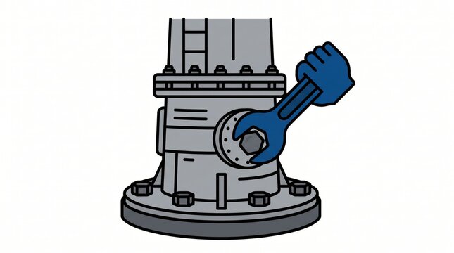 off grid microgrid solution resources efficiency concept. Industrial machinery part with a blue wrench indicating repair or maintenance.