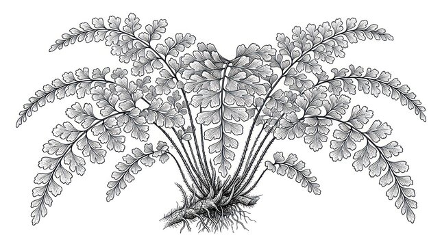 Detailed black and white botanical illustration of a fern plant with intricate leaves and roots on white background