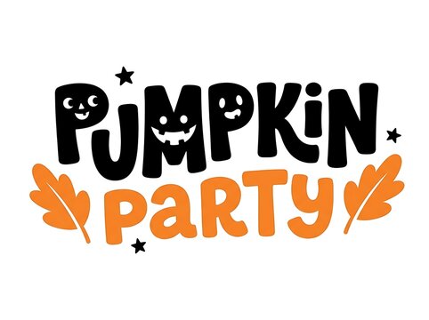Festive hand drawn lettering pumpkin party with autumn leaves and spooky faces