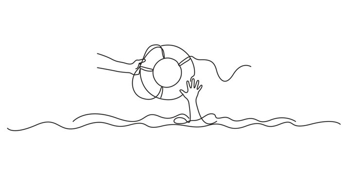 Rescue lifebuoy line art continuous drawing vector illustration for support concept. Minimalist single line art drawing of a helping hand throwing a lifebuoy to save a drowning person.