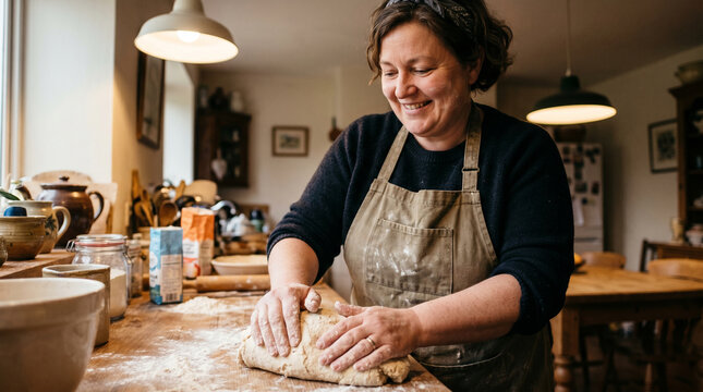 Endomorph woman kneading dough in a rustic home kitchen for homemade bread baking