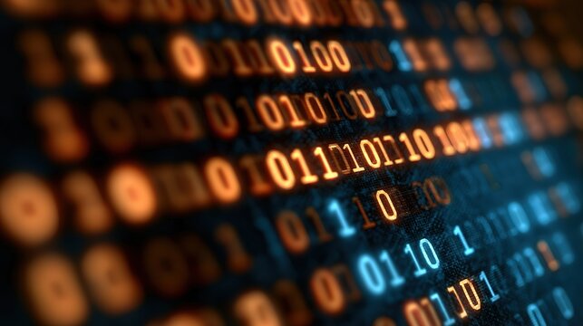 Photograph of glowing binary numbers on screen, warm amber and cool blue digits, angled diagonal text flow, shallow depth of field