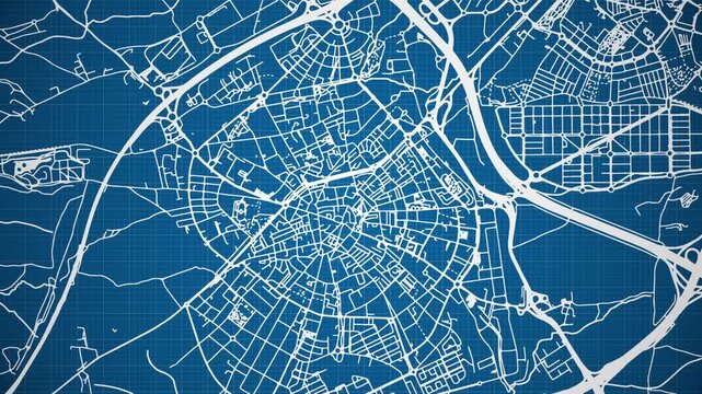 Ink reveal animation of M&oacute;stoles city, Spain (Espa&ntilde;a) grid map. Aerial top view. Blueprint style. White lines with blue background. 4K Seamless loop.