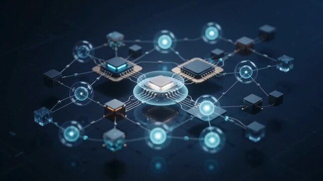 Abstract digital network of glowing interconnected futuristic processors and blockchain nodes, showcasing data flow in a complex technological system.