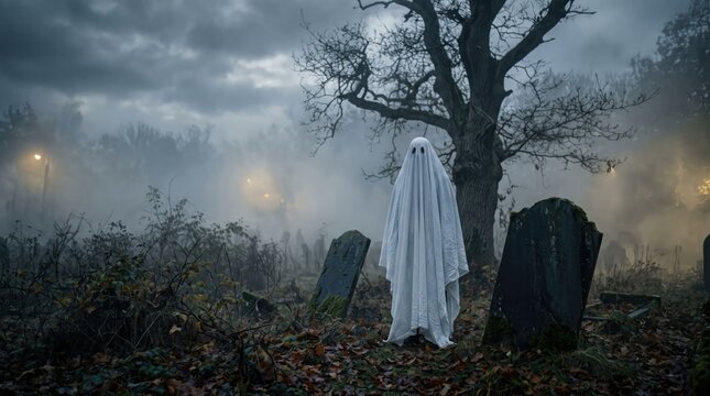 A spooky white ghost halloween figure standing near old tombstones under a dark and misty night sky