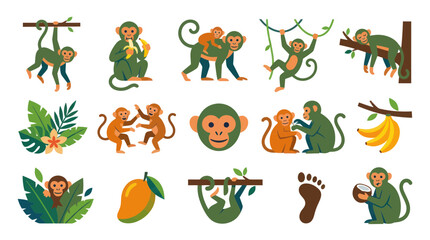 Obraz premium Flat Vector Illustration Set of Playful Monkeys, Bananas, Mango, and Tropical Jungle Elements