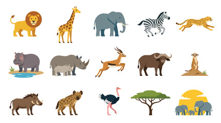 Naklejka premium African Animals Safari Wildlife Flat Vector Illustration Set. Cartoon Mammals, Bird, and Tree Collection