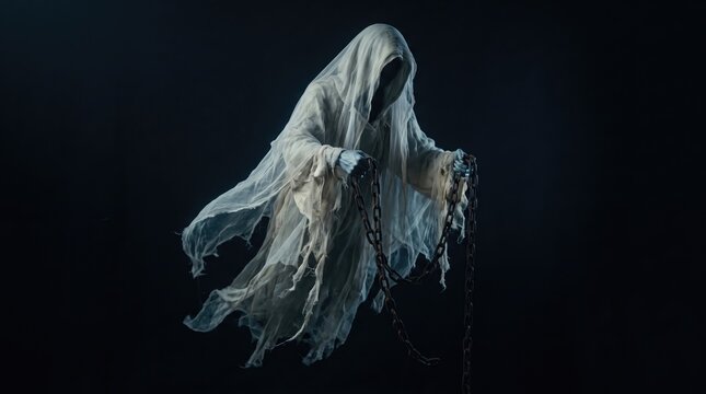 A spooky ghost halloween decoration featuring a floating apparition with tattered clothing against a dark background