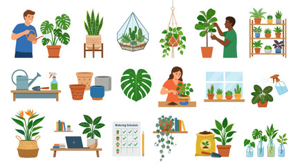 Fototapeta premium Flat Vector Houseplant Care and Indoor Gardening Illustration Set with People, Plants, and Tools