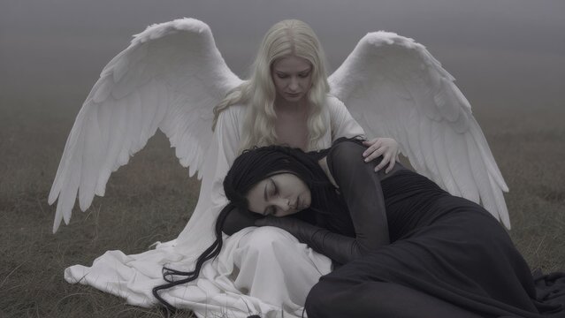 Ethereal Scene of Angel Comforting Woman in Dark Setting
