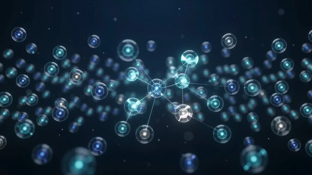 Abstract 3D digital rendering of a network of glowing particles and interconnected nodes, pulsing with futuristic energy against a dark blue background.