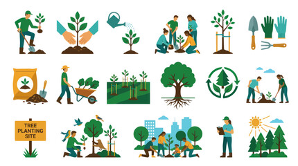 Fototapeta premium Modern Flat Vector Icons of Tree Planting, Gardening Environmental Protection Activities