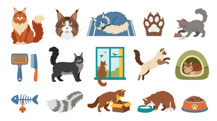 Obraz premium Cute Cat Flat Design Icons Set - Pet Care and Animals
