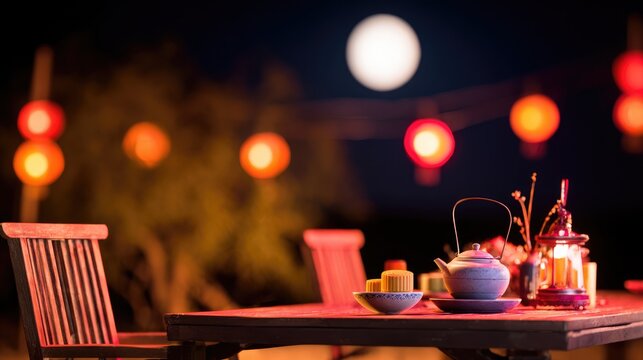 Close-Up of Traditional Mid-Autumn Festival Scene with Mooncakes, Tea, and Red Lanterns in Ancient Courtyard