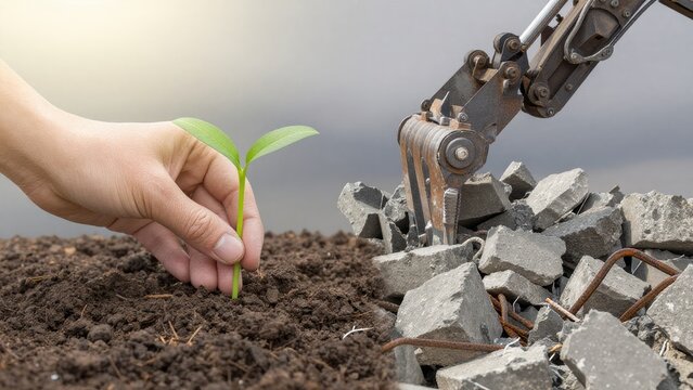 Hand Planting Seedling in Soil with Excavator Arm and Debris Background
